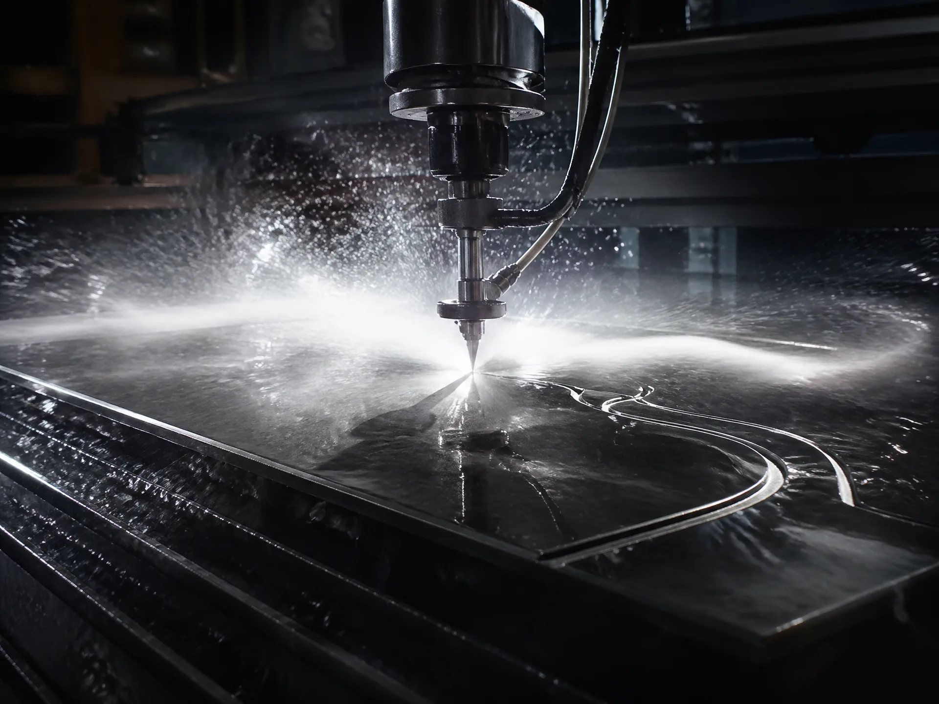 Water jet cutting process on industrial sheet material